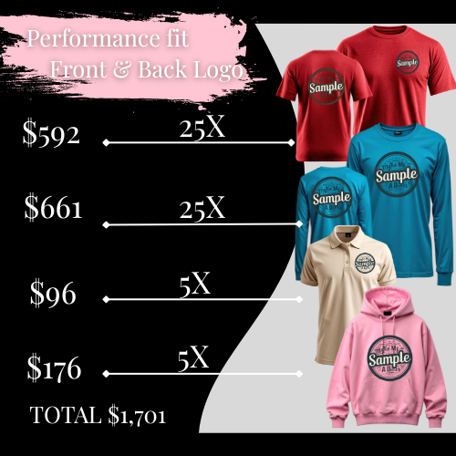 60 Event Bundle, Performance Fit, Front and Back logo Package